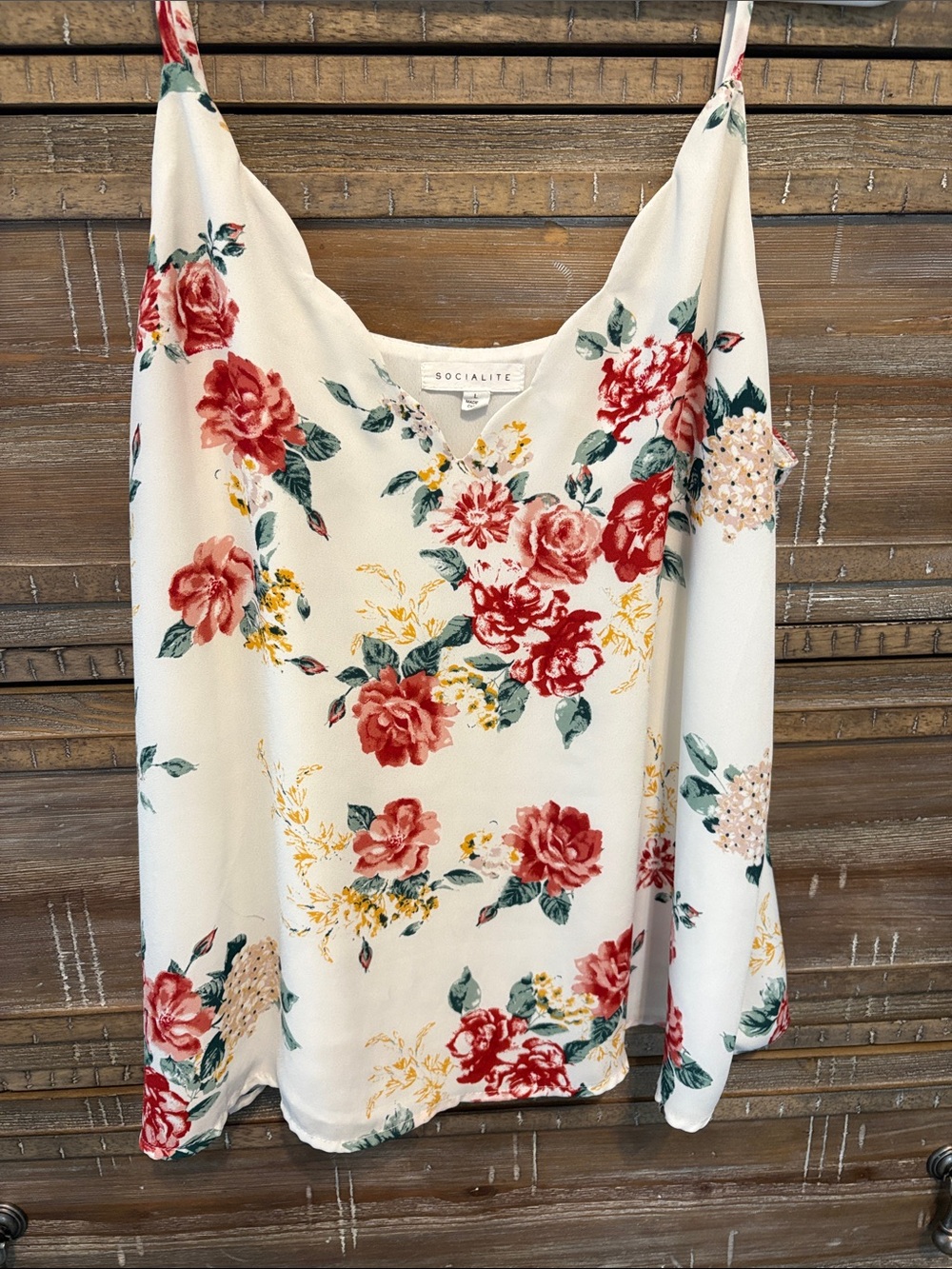 Socialite Cream Floral Cami with Red Rose Pattern